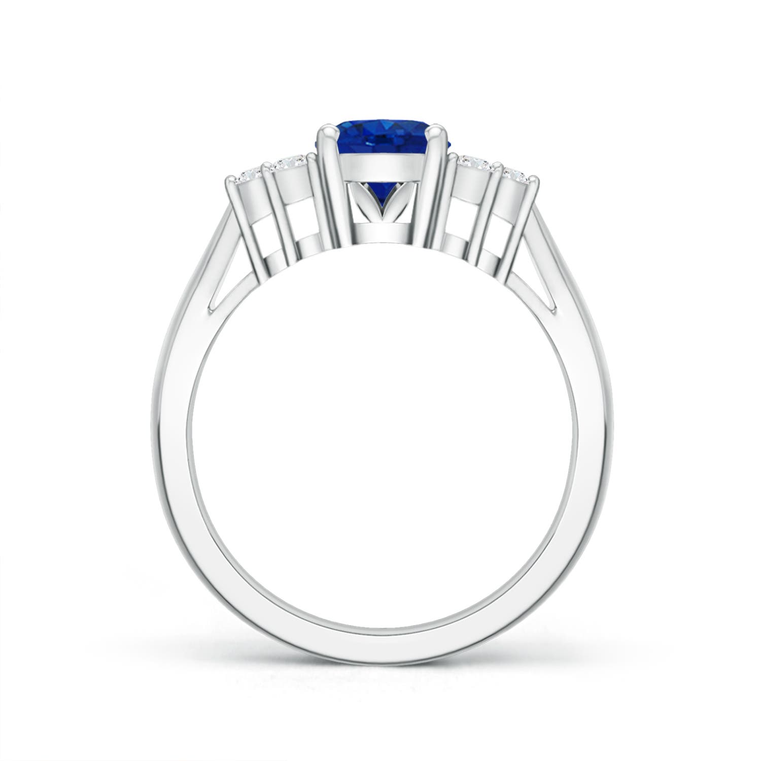 8x6mm AAA Oval Blue Sapphire Cocktail Ring With Trio Diamond Accents in 18K White Gold