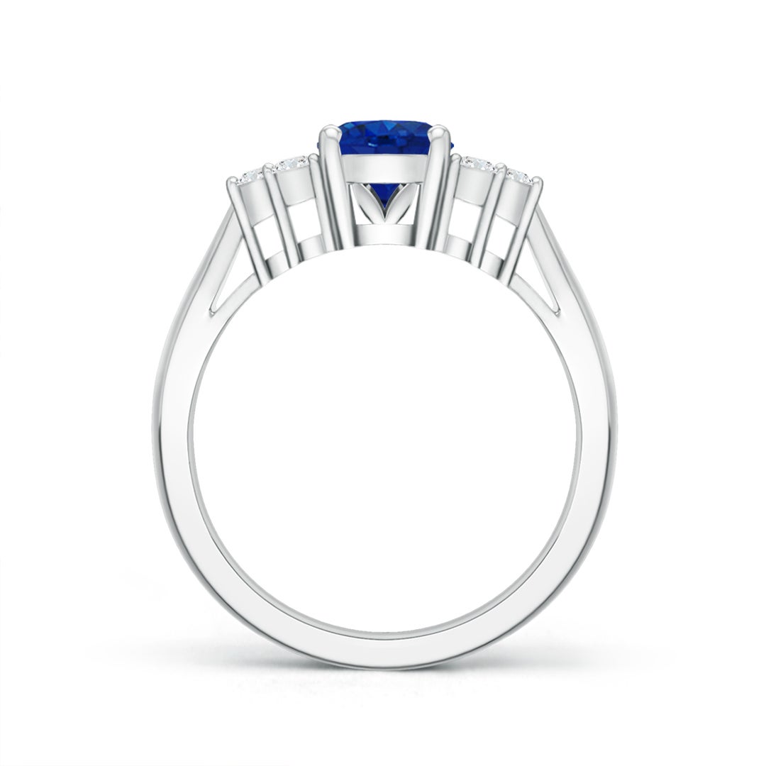 8x6mm AAA Oval Blue Sapphire Cocktail Ring With Trio Diamond Accents in White Gold - side 2