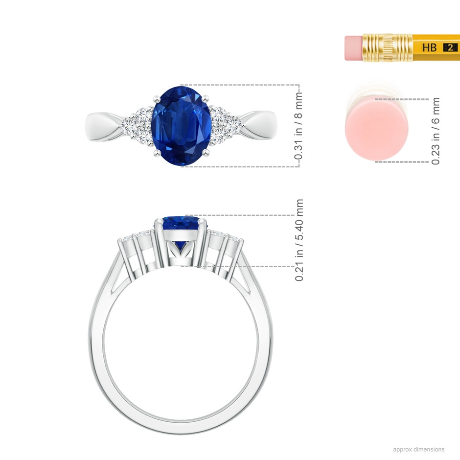 8x6mm AAA Oval Blue Sapphire Cocktail Ring With Trio Diamond Accents in White Gold ruler