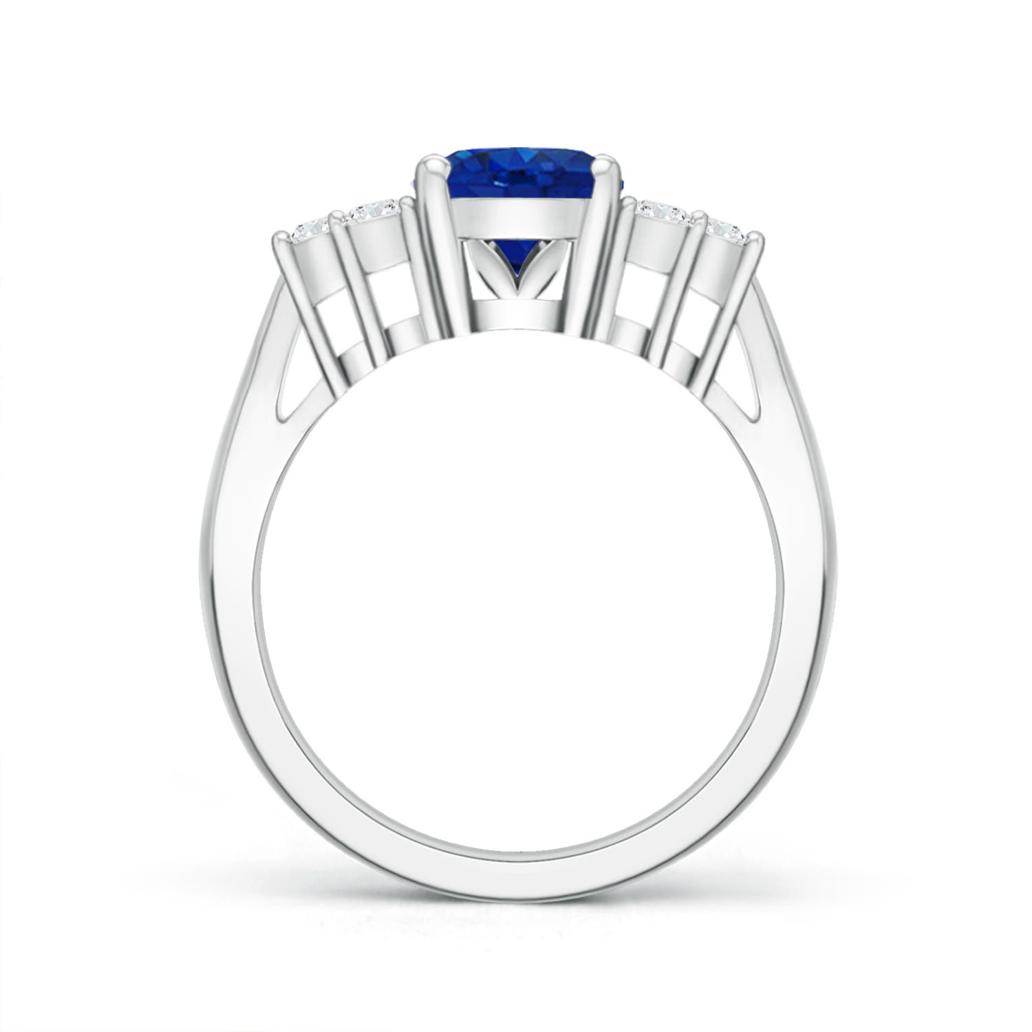 9x7mm AAA Oval Blue Sapphire Cocktail Ring With Trio Diamond Accents in White Gold