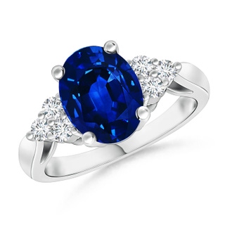 9x7mm AAAA Oval Blue Sapphire Cocktail Ring With Trio Diamond Accents in P950 Platinum