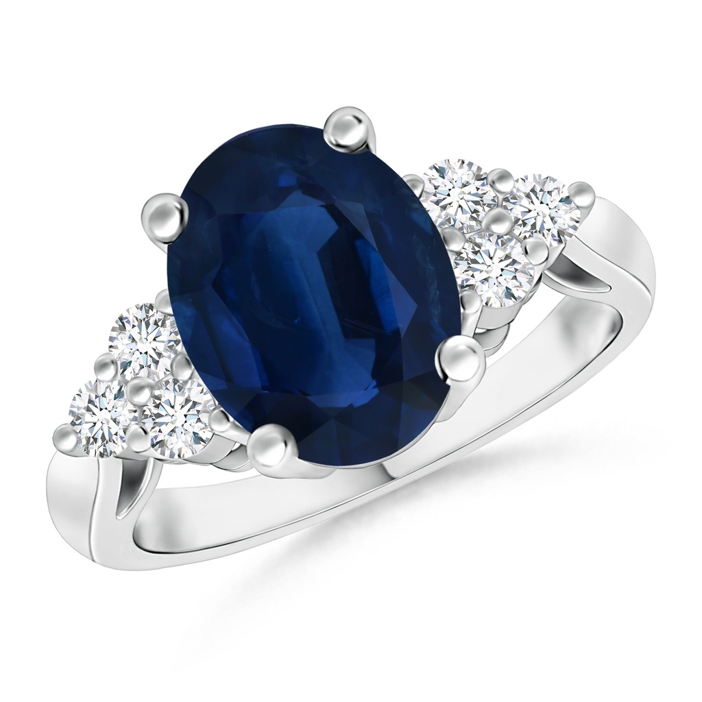 14.43x11.51x5.78mm AA GIA Certified Oval Blue Sapphire Ring with Trio Diamonds in 18K White Gold