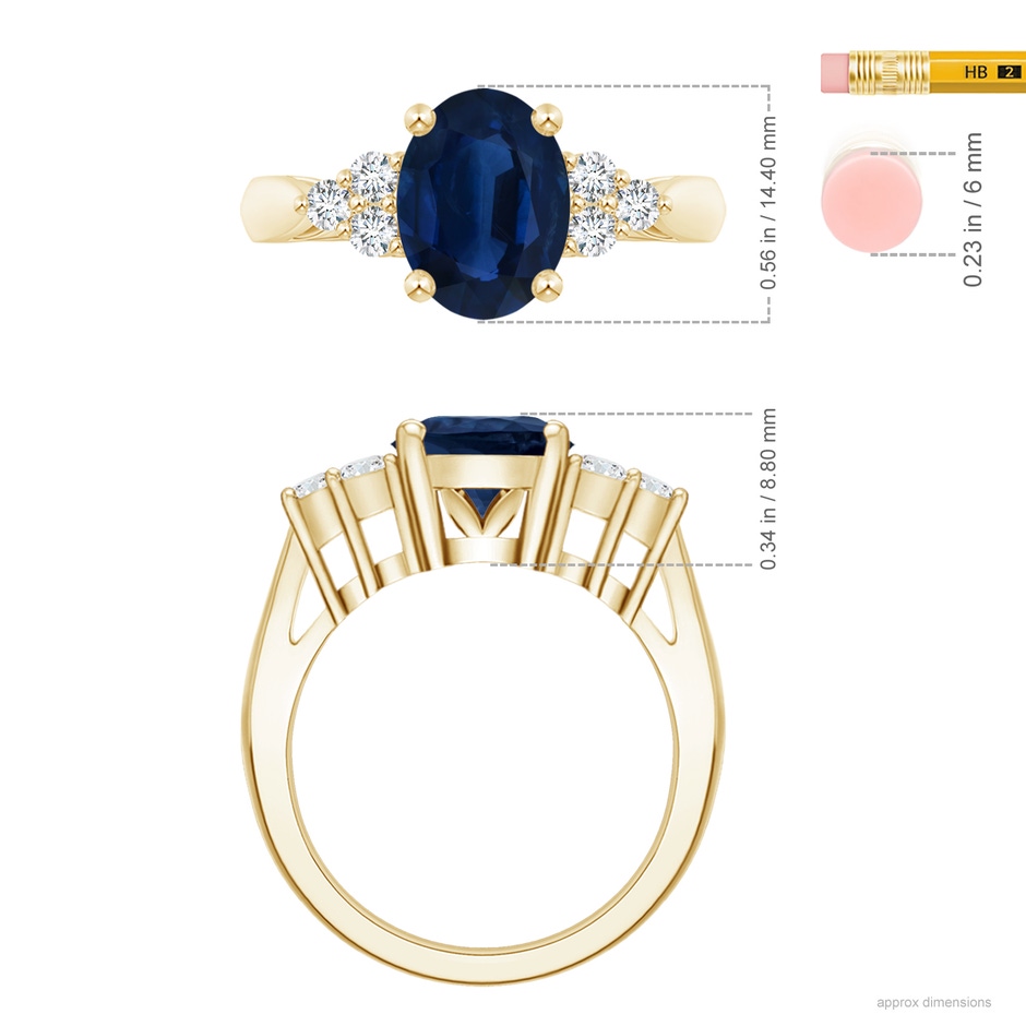 14.43x11.51x5.78mm AA GIA Certified Oval Blue Sapphire Ring with Trio Diamonds in 18K Yellow Gold ruler