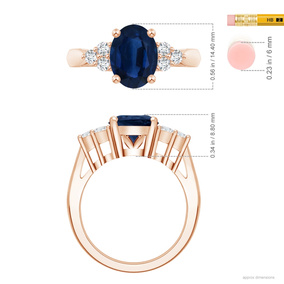 14.43x11.51x5.78mm AA GIA Certified Oval Blue Sapphire Ring with Trio Diamonds in Rose Gold ruler