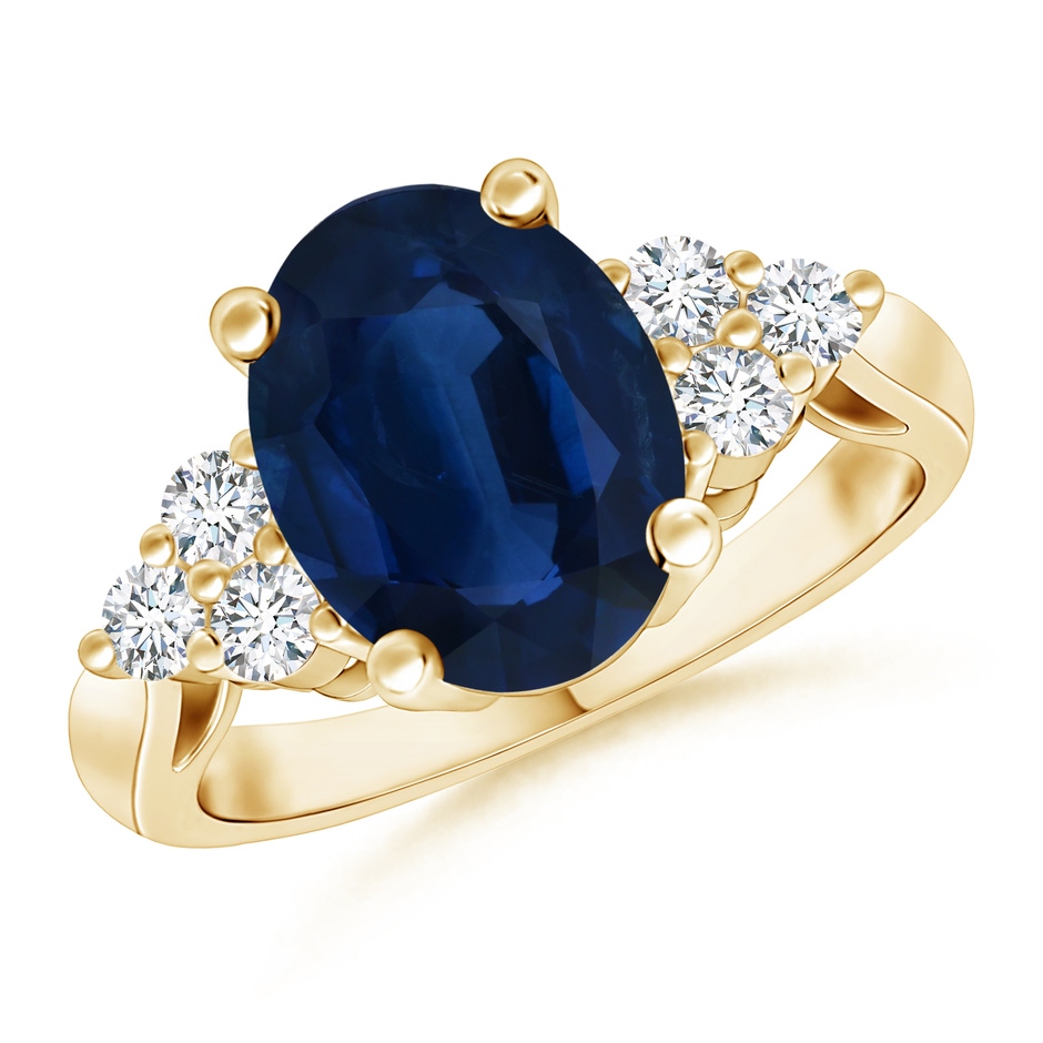 14.43x11.51x5.78mm AA GIA Certified Oval Blue Sapphire Ring with Trio Diamonds in Yellow Gold 
