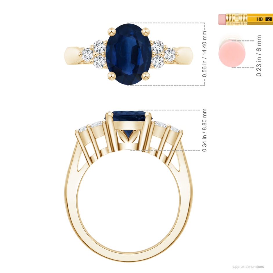 14.43x11.51x5.78mm AA GIA Certified Oval Blue Sapphire Ring with Trio Diamonds in Yellow Gold ruler