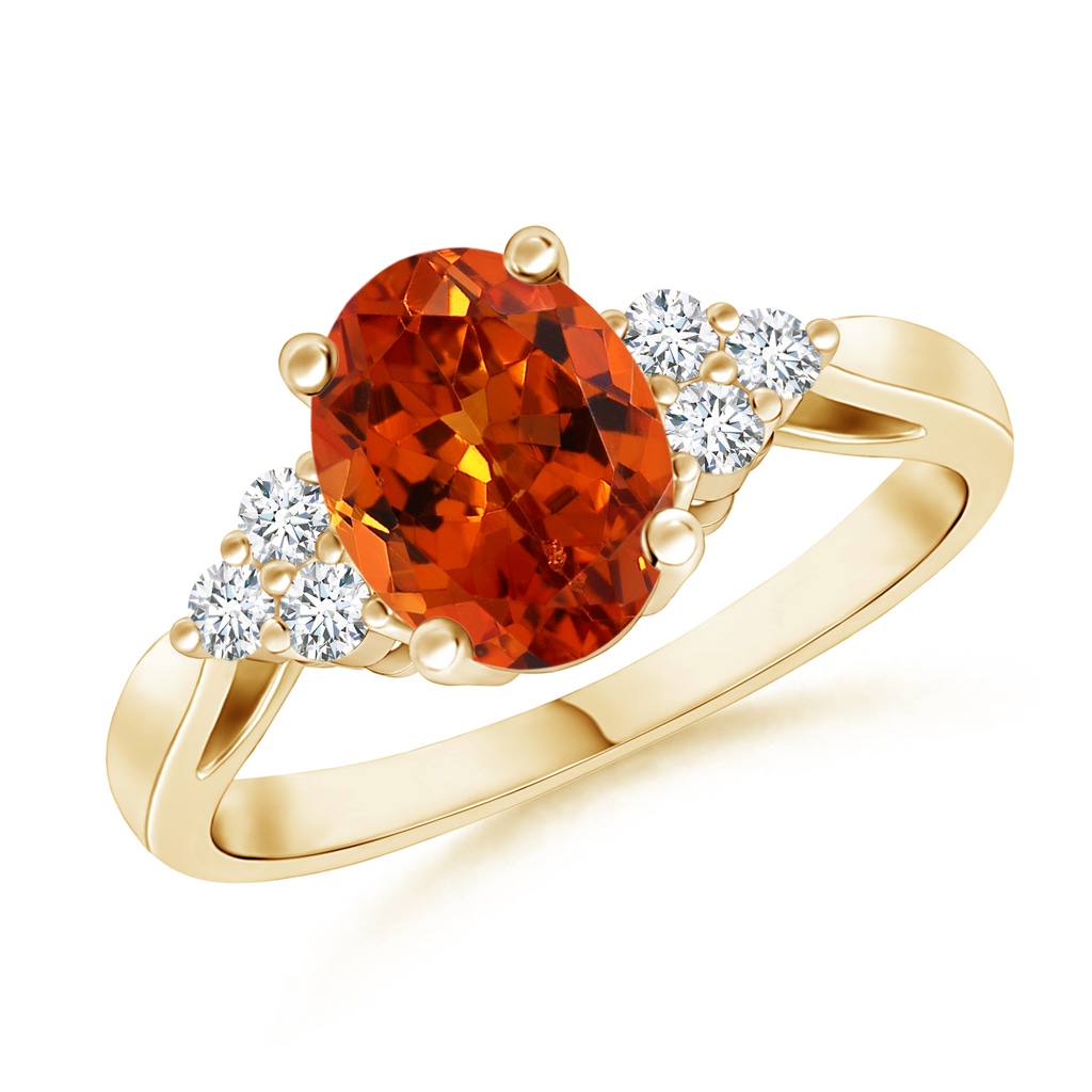 8x6mm AAAA Oval Spessartite Cocktail Ring With Trio Diamond Accents in Yellow Gold
