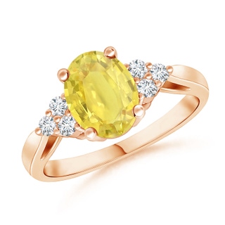 8x6mm A Oval Yellow Sapphire Ring with Trio Diamonds in 9K Rose Gold