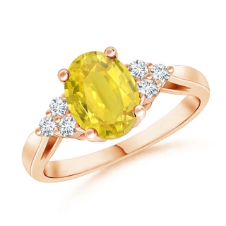 8x6mm AA Oval Yellow Sapphire Ring with Trio Diamonds in 9K Rose Gold