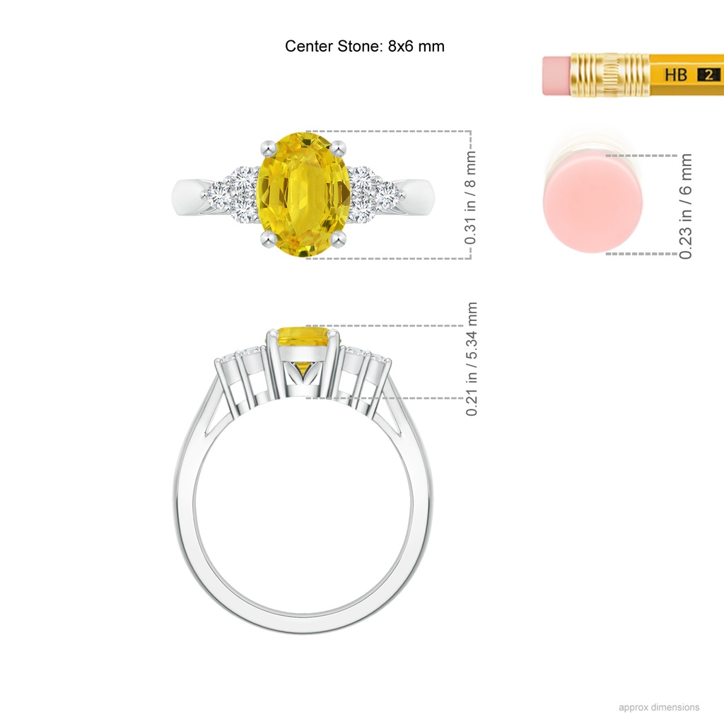 8x6mm AAA Oval Yellow Sapphire Ring with Trio Diamonds in White Gold Ruler
