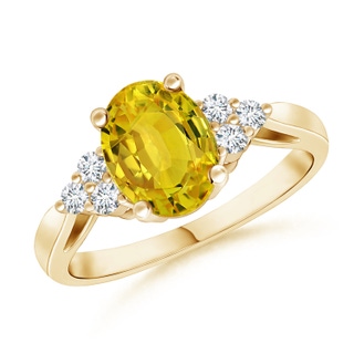 8x6mm AAAA Oval Yellow Sapphire Ring with Trio Diamonds in Yellow Gold