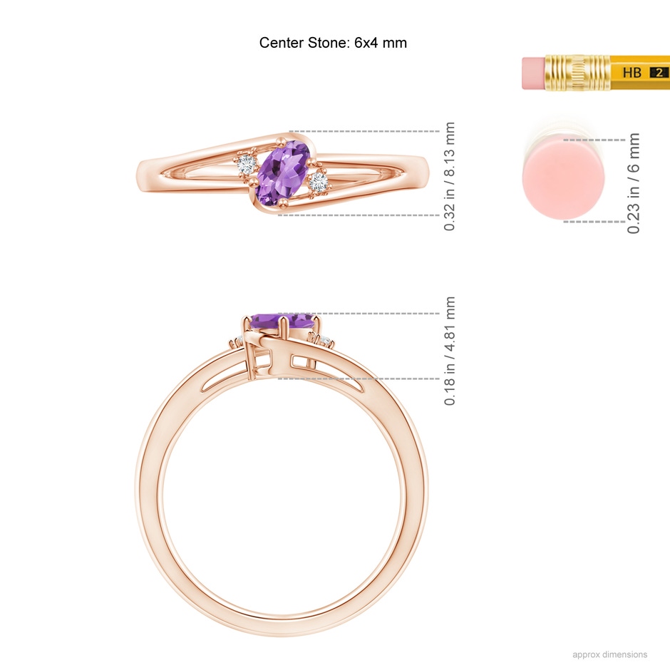6x4mm A Amethyst and Diamond Split Shank Ring in Rose Gold ruler