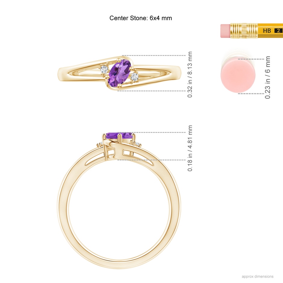 6x4mm AA Amethyst and Diamond Split Shank Ring in Yellow Gold ruler