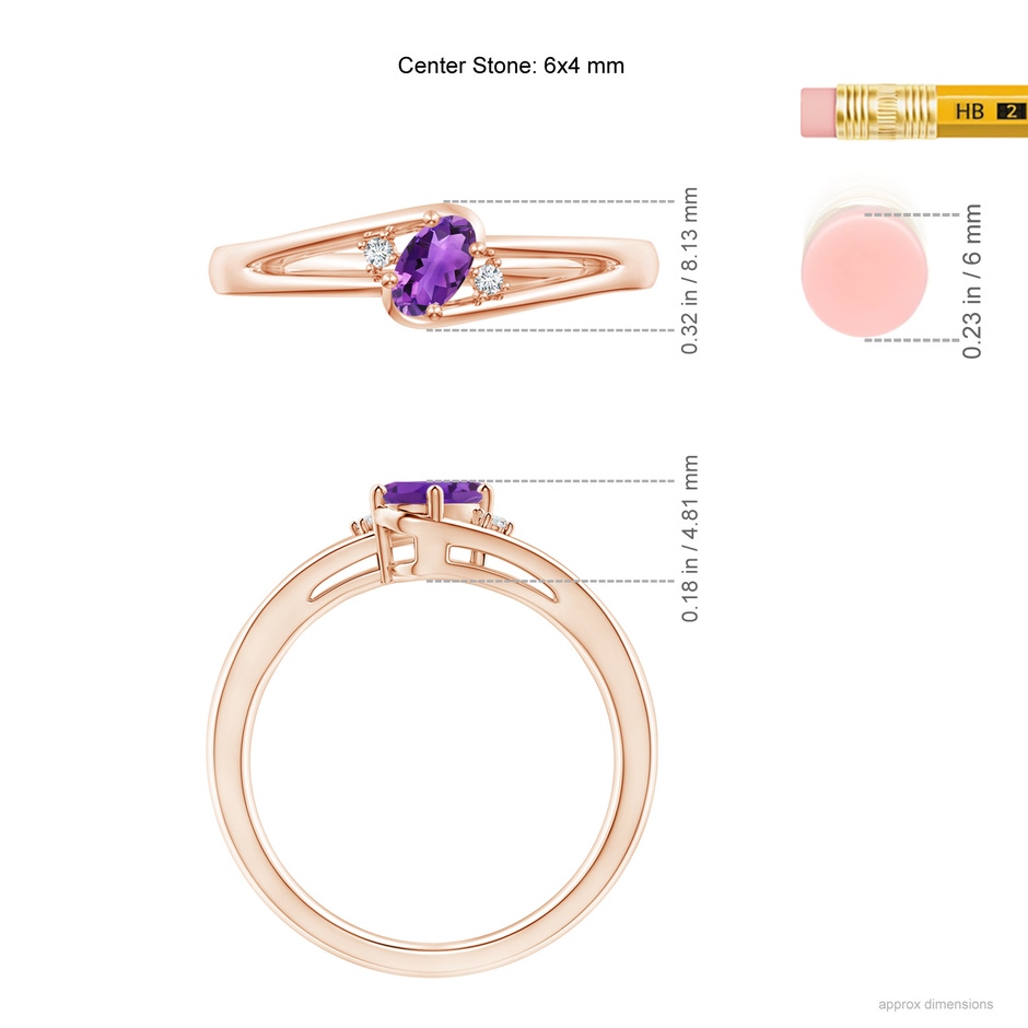 6x4mm AAA Amethyst and Diamond Split Shank Ring in Rose Gold ruler