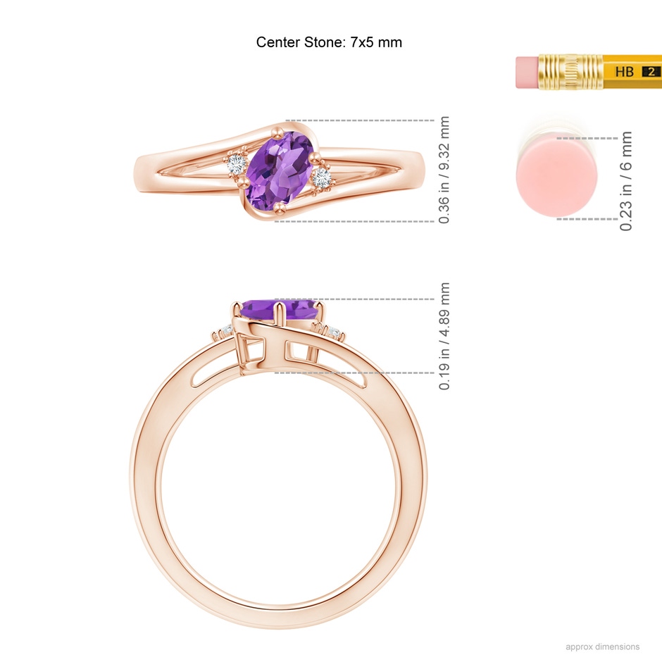 7x5mm AA Amethyst and Diamond Split Shank Ring in Rose Gold ruler