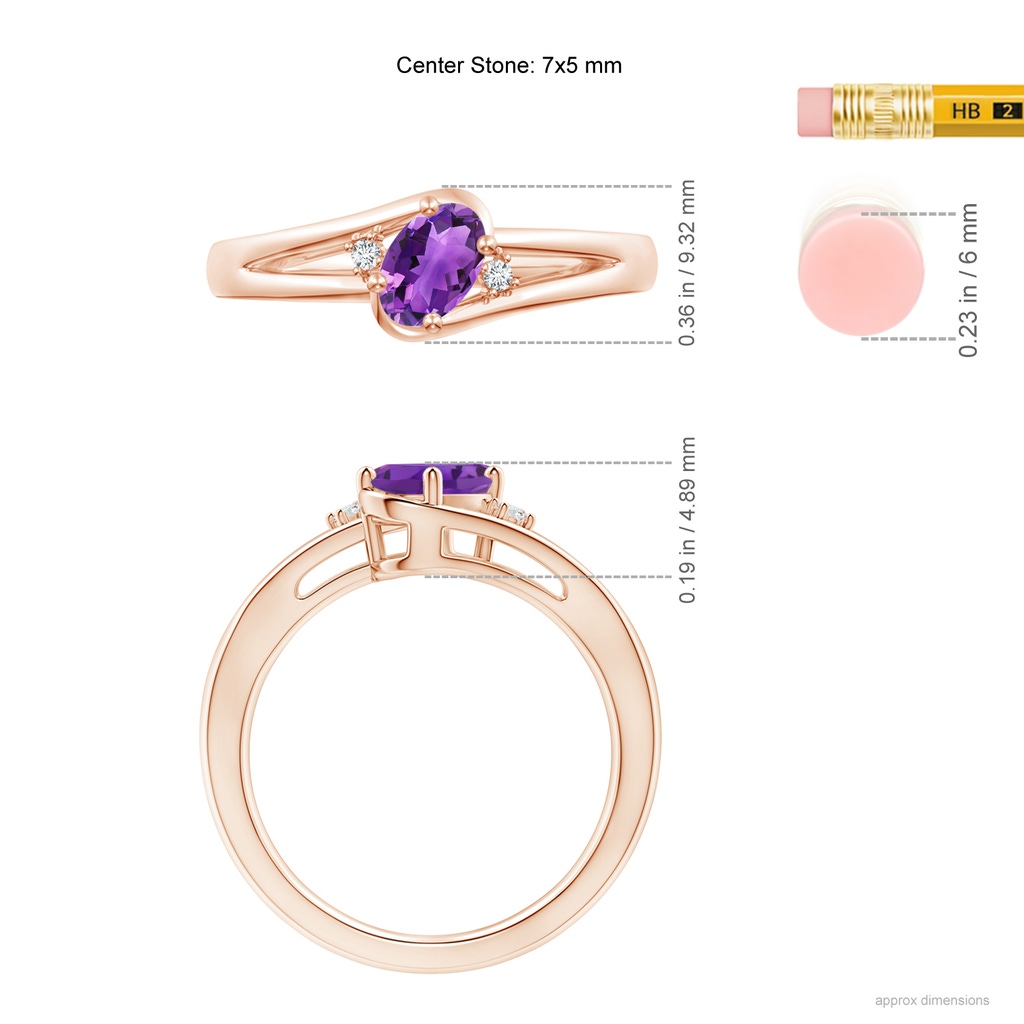 7x5mm AAA Amethyst and Diamond Split Shank Ring in Rose Gold Ruler
