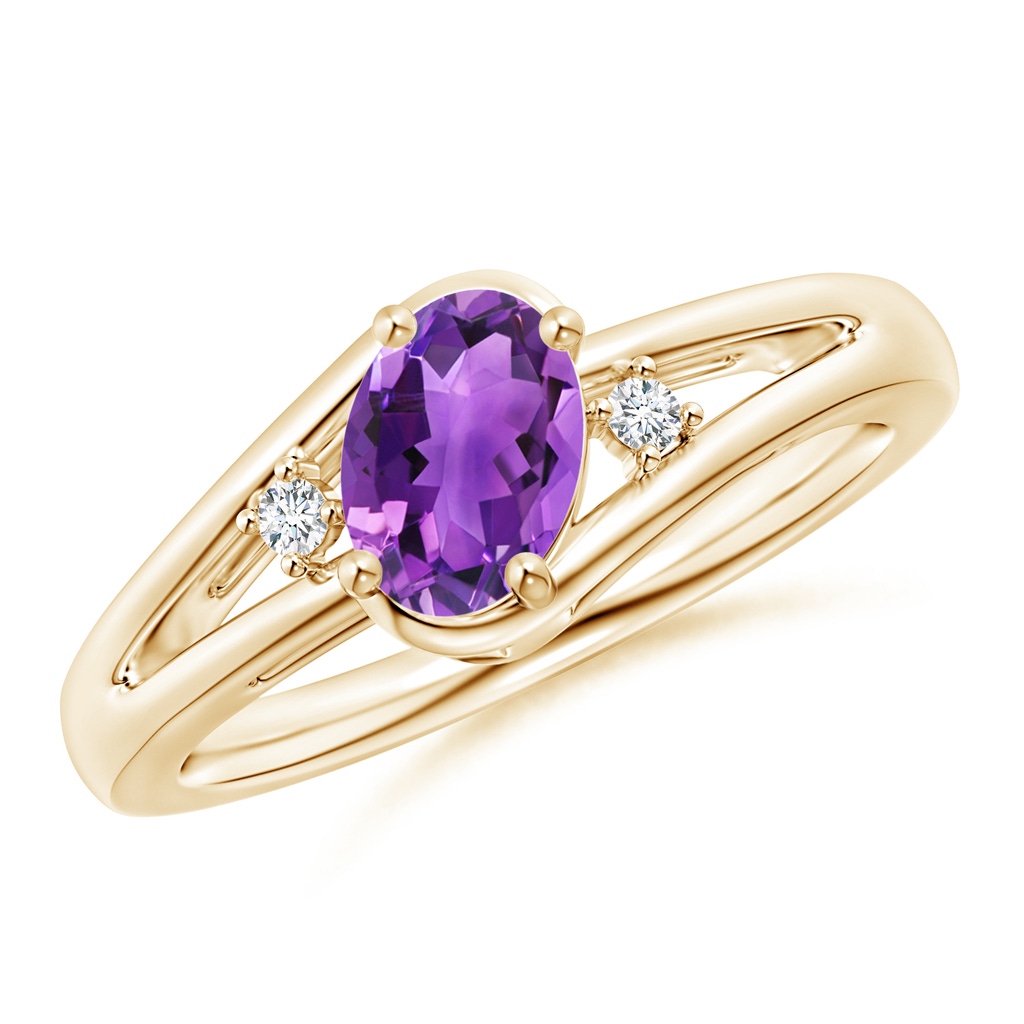 7x5mm AAA Amethyst and Diamond Split Shank Ring in Yellow Gold