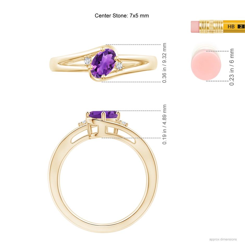 7x5mm AAA Amethyst and Diamond Split Shank Ring in Yellow Gold ruler