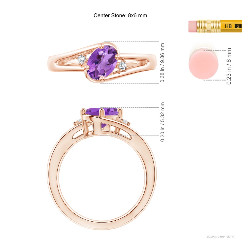 8x6mm AA Amethyst and Diamond Split Shank Ring in Rose Gold ruler