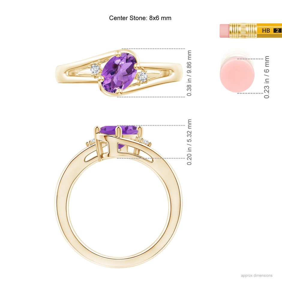 8x6mm AA Amethyst and Diamond Split Shank Ring in Yellow Gold ruler