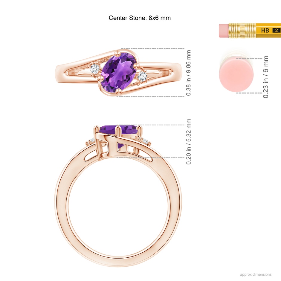 8x6mm AAA Amethyst and Diamond Split Shank Ring in Rose Gold ruler