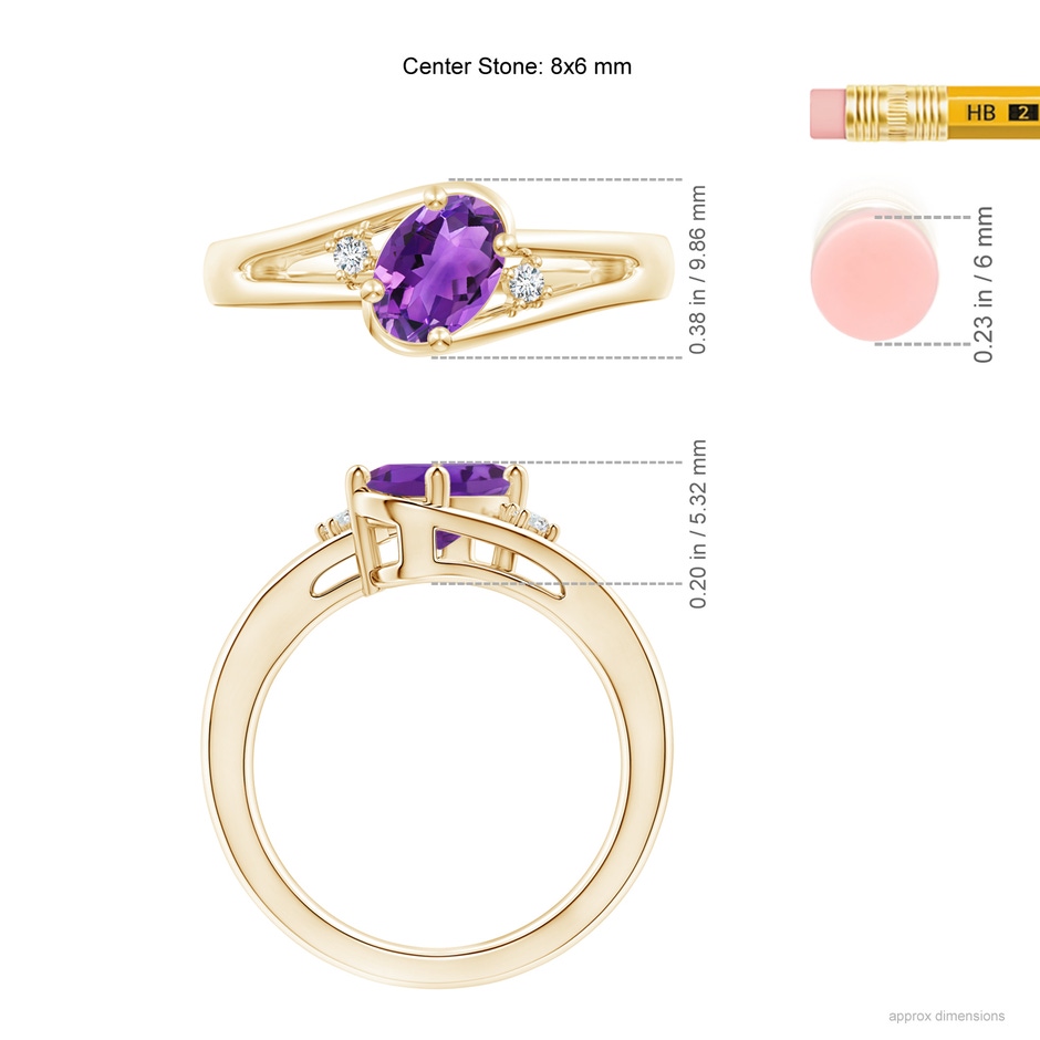 8x6mm AAA Amethyst and Diamond Split Shank Ring in Yellow Gold ruler