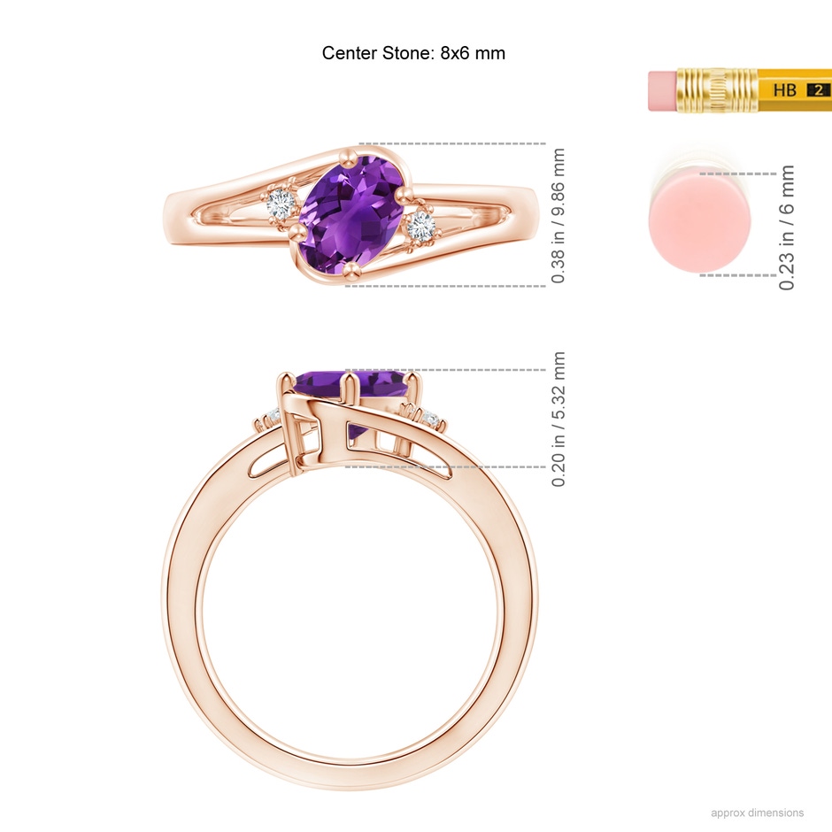 8x6mm AAAA Amethyst and Diamond Split Shank Ring in Rose Gold ruler