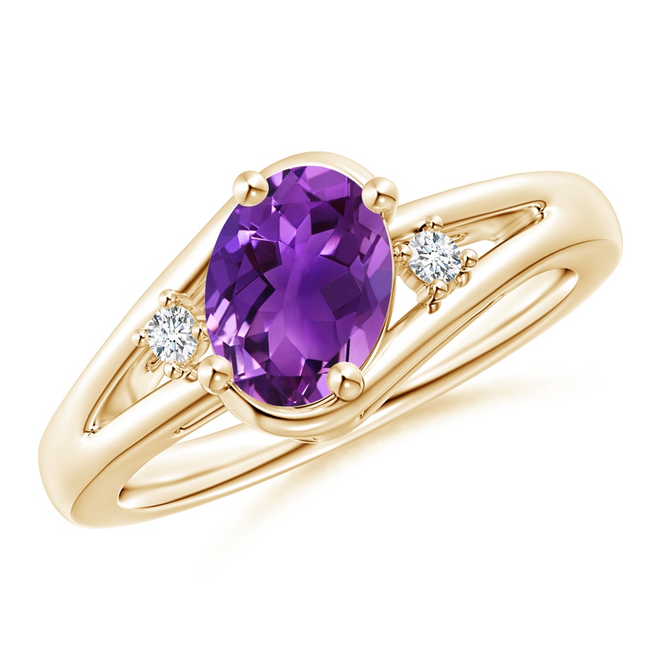 8x6mm AAAA Amethyst and Diamond Split Shank Ring in Yellow Gold 
