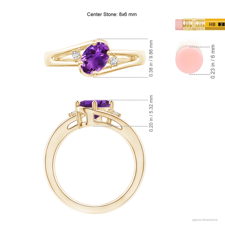 8x6mm AAAA Amethyst and Diamond Split Shank Ring in Yellow Gold ruler