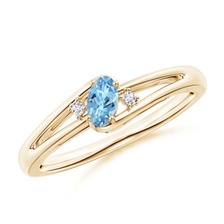 5x3mm AAAA Aquamarine and Diamond Split Shank Ring in Yellow Gold