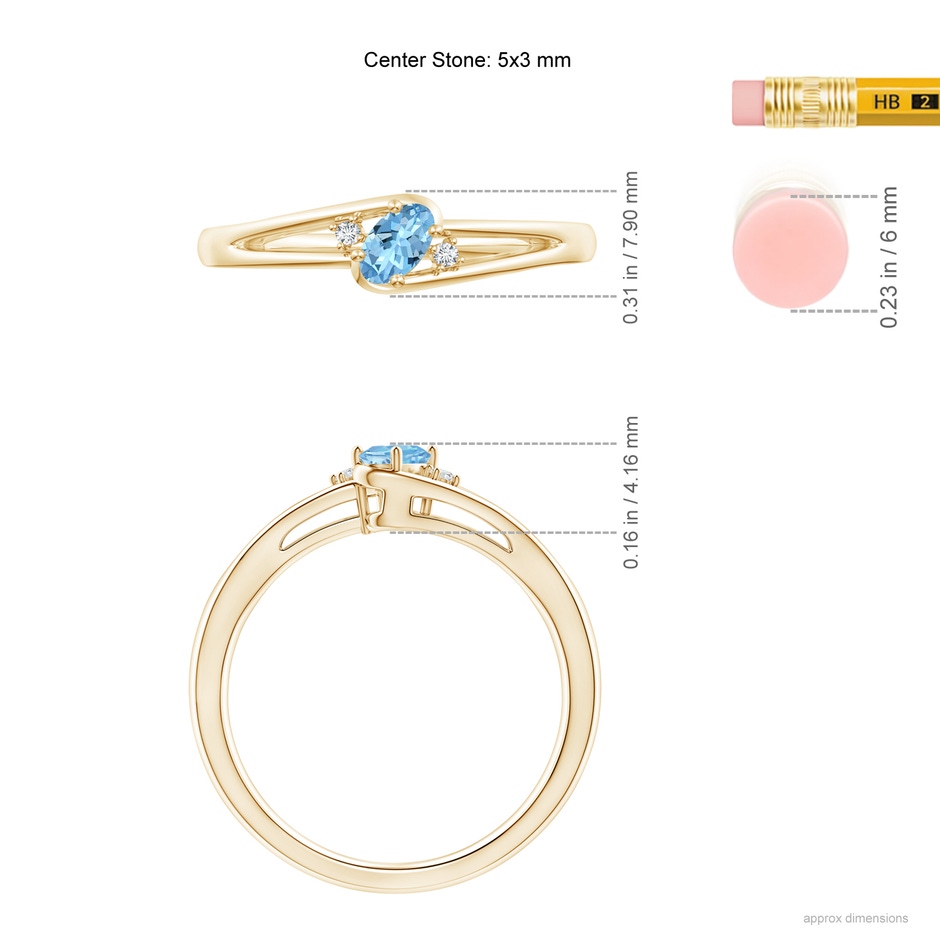 5x3mm AAAA Aquamarine and Diamond Split Shank Ring in Yellow Gold ruler