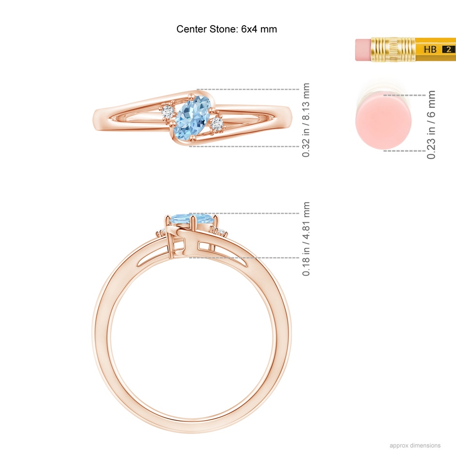 6x4mm AAA Aquamarine and Diamond Split Shank Ring in Rose Gold ruler