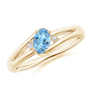 6x4mm AAAA Aquamarine and Diamond Split Shank Ring in Yellow Gold