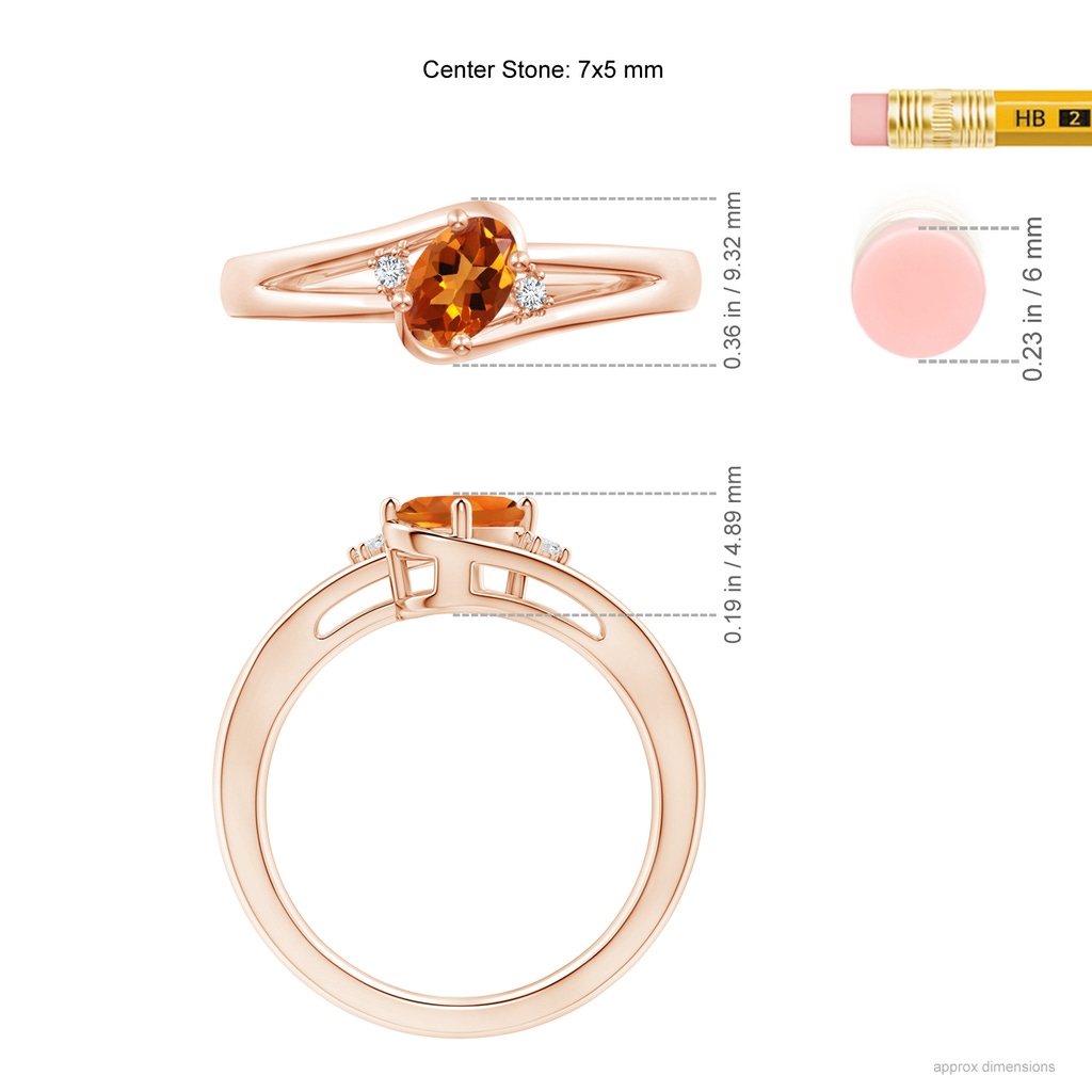 7x5mm AAAA Citrine and Diamond Split Shank Ring in Rose Gold Ruler