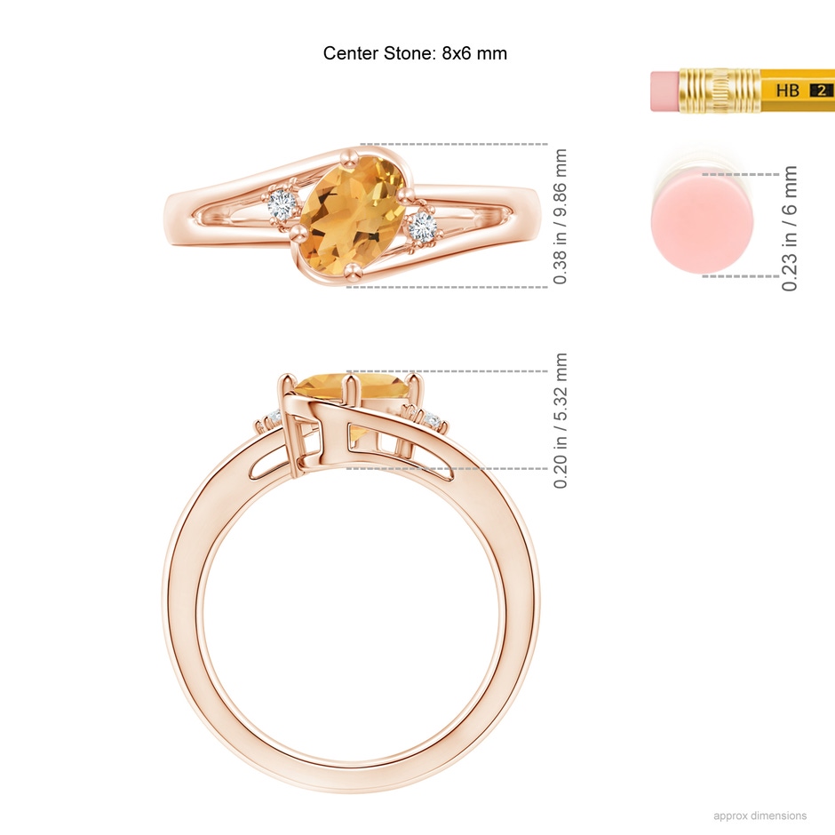 8x6mm A Citrine and Diamond Split Shank Ring in Rose Gold Ruler