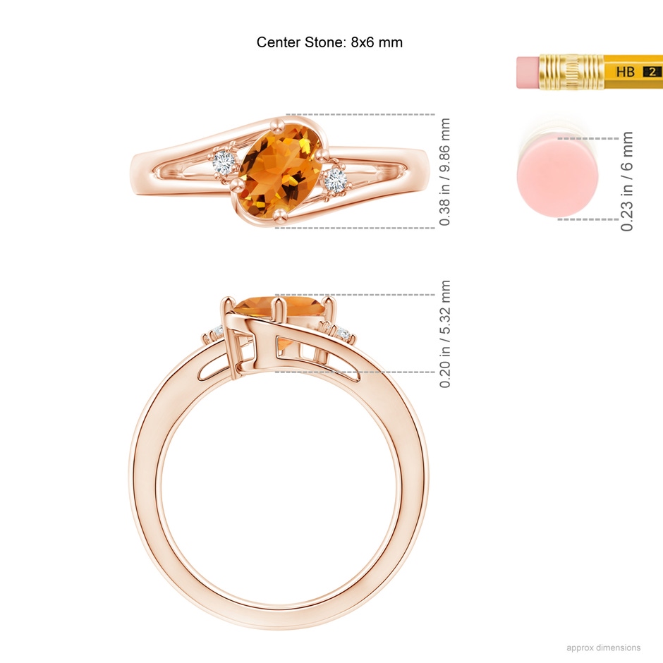 8x6mm AAA Citrine and Diamond Split Shank Ring in Rose Gold Ruler