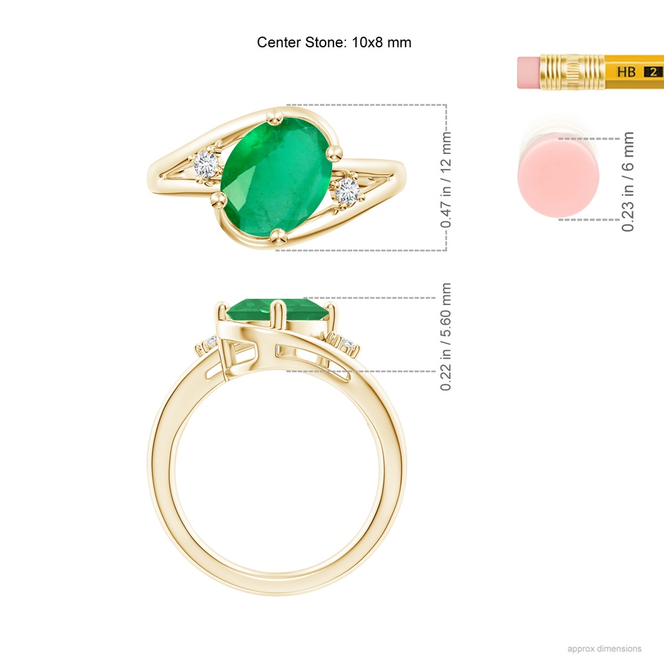 10x8mm A Emerald and Diamond Split Shank Ring in Yellow Gold ruler