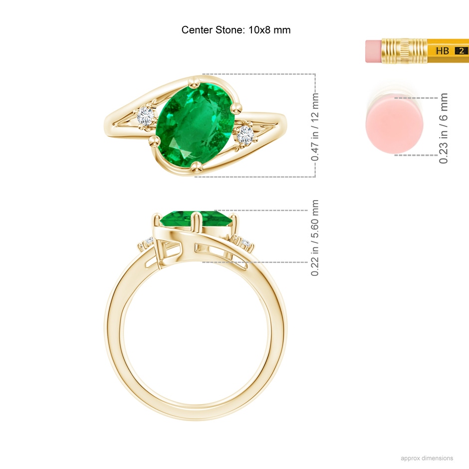 10x8mm AAA Emerald and Diamond Split Shank Ring in Yellow Gold ruler