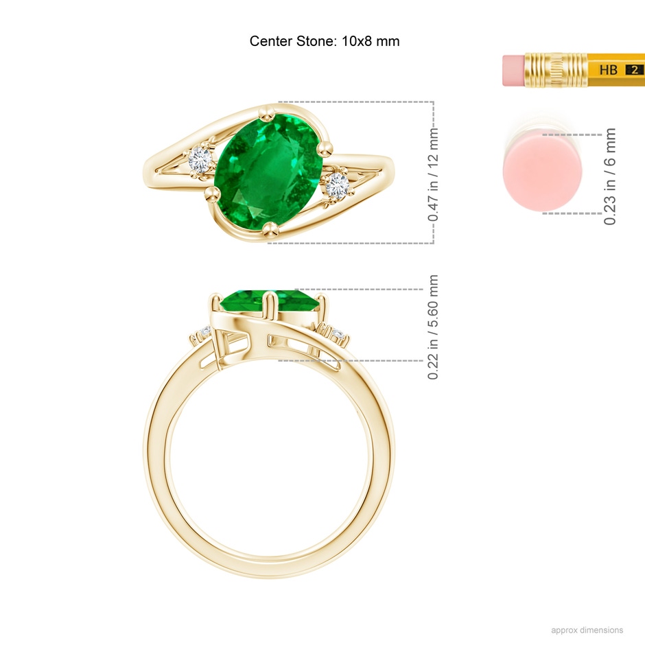 10x8mm AAAA Emerald and Diamond Split Shank Ring in Yellow Gold ruler