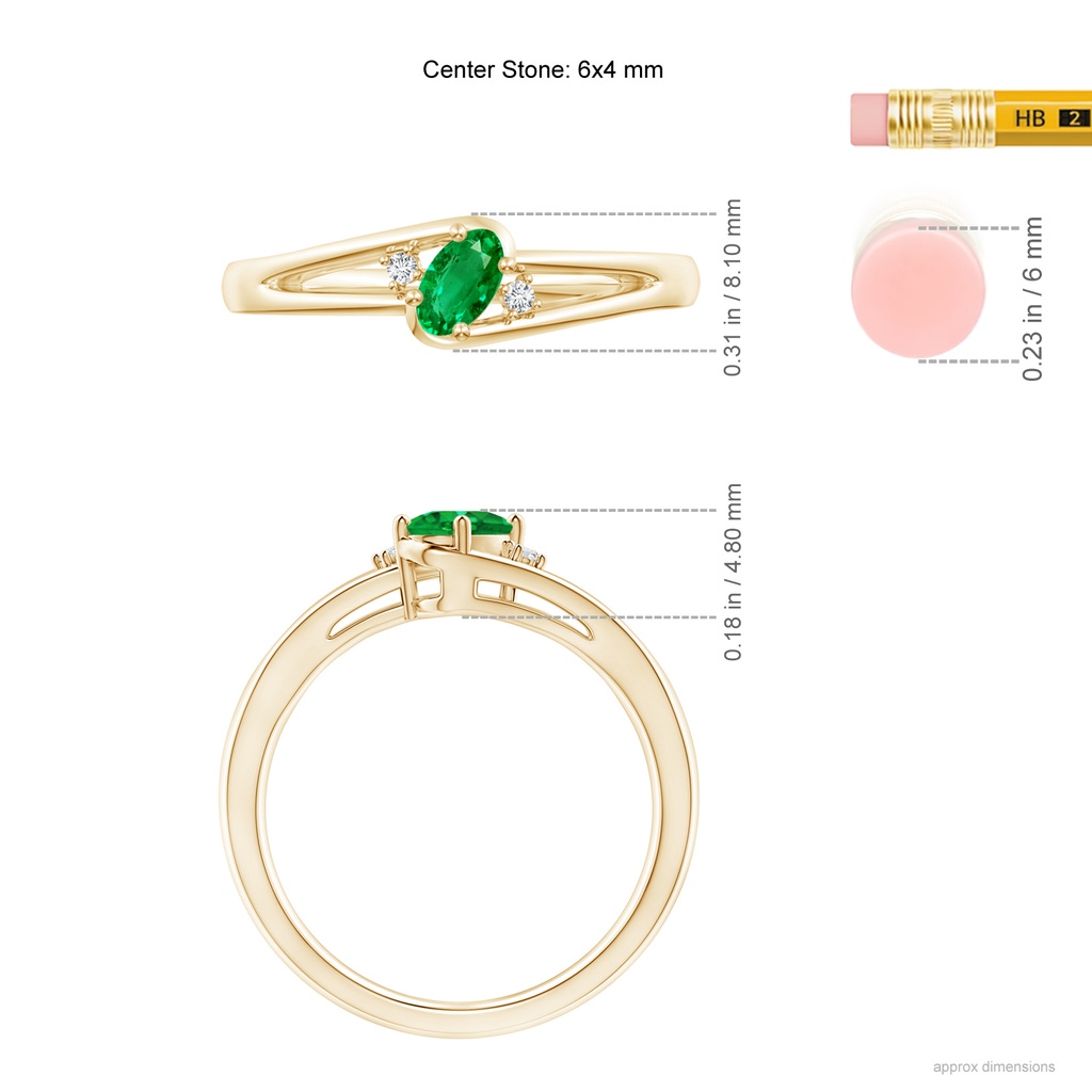 6x4mm AAA Emerald and Diamond Split Shank Ring in Yellow Gold ruler