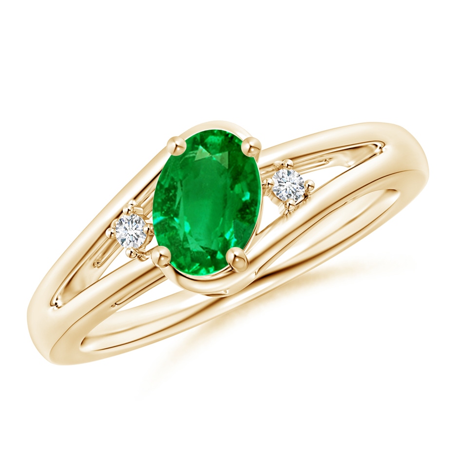 7x5mm AAAA Emerald and Diamond Split Shank Ring in Yellow Gold 
