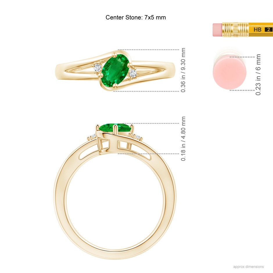 7x5mm AAAA Emerald and Diamond Split Shank Ring in Yellow Gold ruler