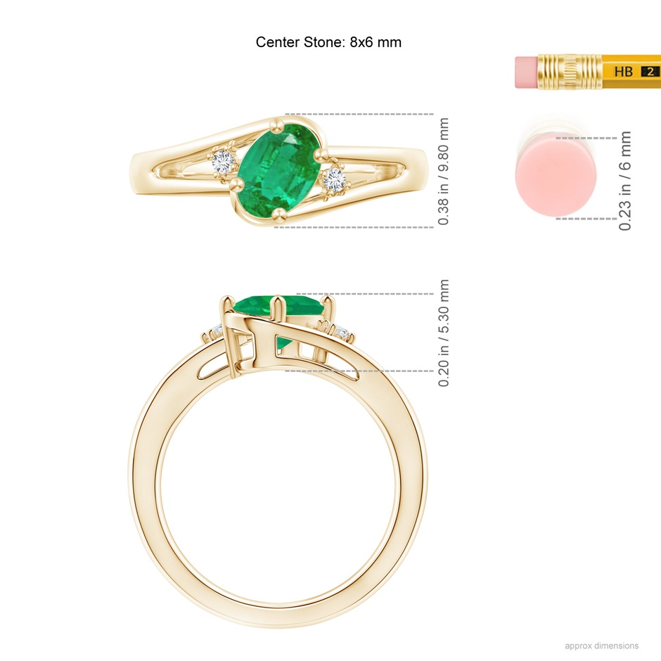8x6mm AA Emerald and Diamond Split Shank Ring in Yellow Gold ruler