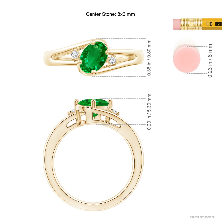 8x6mm AAAA Emerald and Diamond Split Shank Ring in Yellow Gold ruler