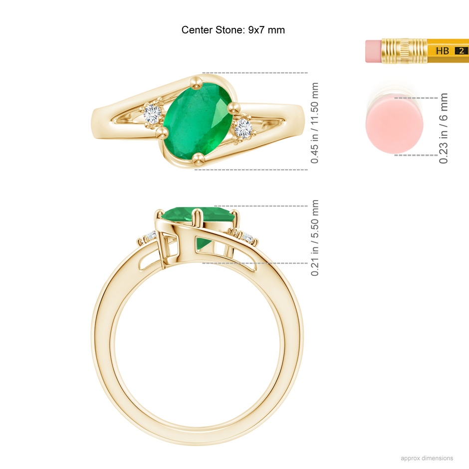 9x7mm A Emerald and Diamond Split Shank Ring in Yellow Gold ruler