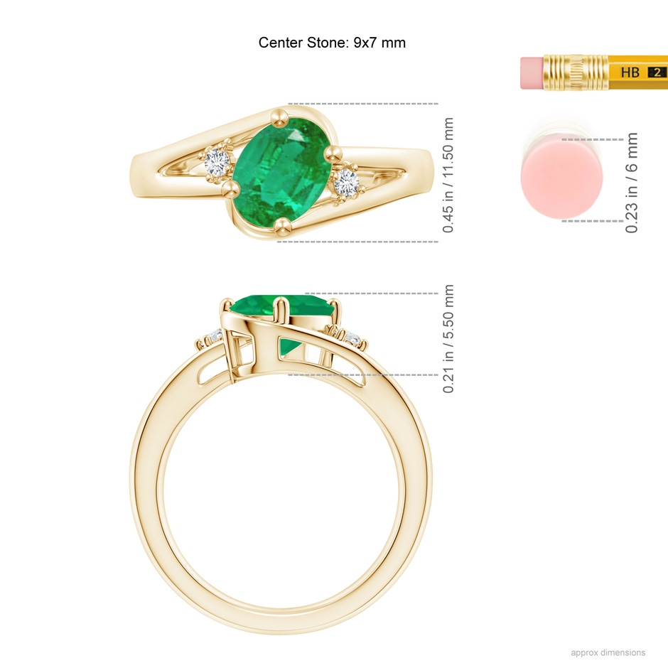 9x7mm AA Emerald and Diamond Split Shank Ring in Yellow Gold ruler