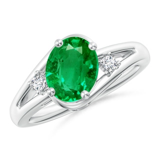 9x7mm AAA Emerald and Diamond Split Shank Ring in 9K White Gold