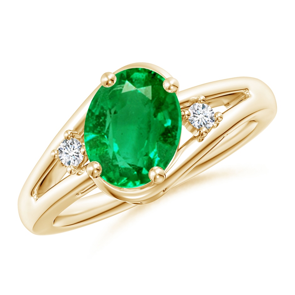 9x7mm AAA Emerald and Diamond Split Shank Ring in Yellow Gold 