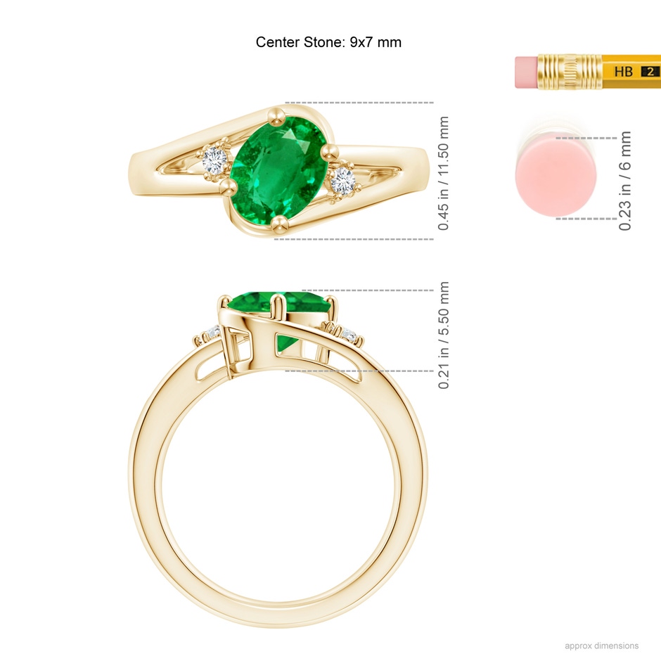 9x7mm AAA Emerald and Diamond Split Shank Ring in Yellow Gold ruler