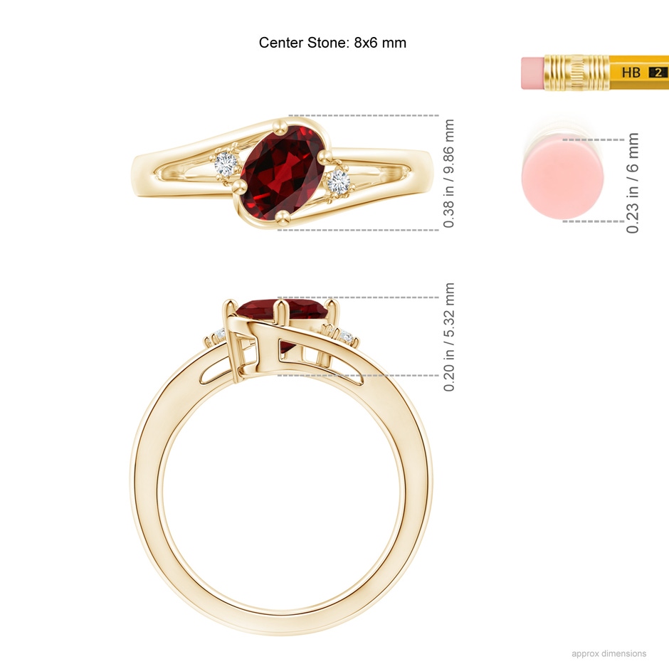 8x6mm AAAA Garnet and Diamond Split Shank Ring in Yellow Gold ruler